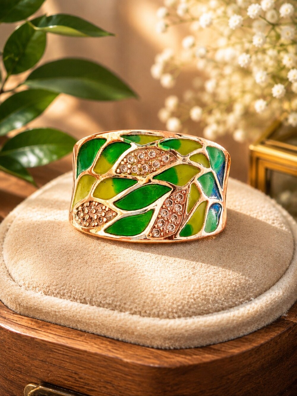 🌿 Bohemian 925 Sterling Silver Enamel Leaf Ring • Size 7